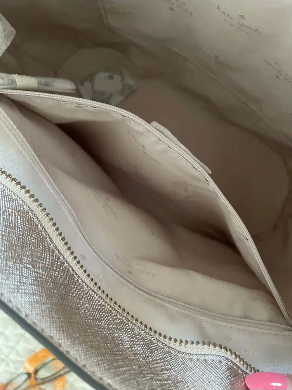 kate spade Metallic Champagne Glitter Tote with Cherry Charm